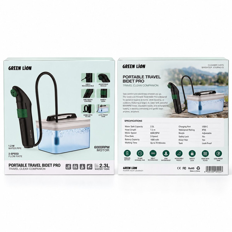 بیده و دوش مسافرتی شارژی گرین لاین مدل Portable Travel Bidet Pro با مخزن ۲.۳ لیتری