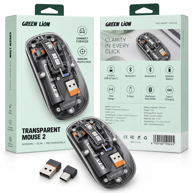 ماوس بیسیم شفاف گرین لاین مدل Transparent Mouse 2 رنگ خاکستری