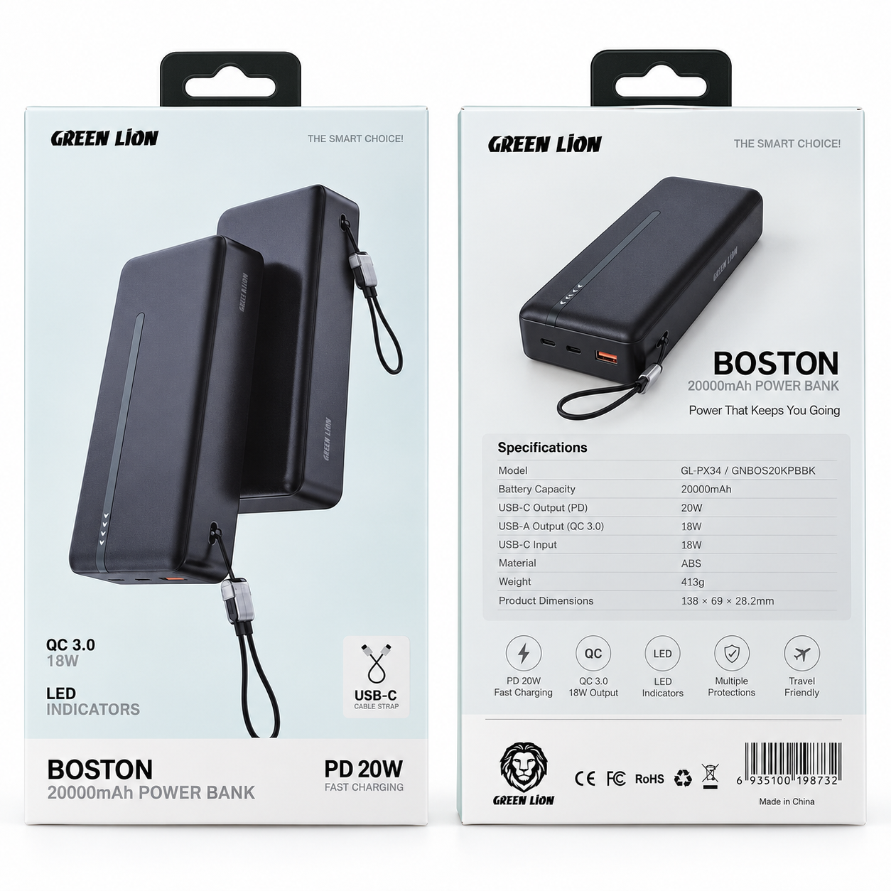 پاوربانک ۲۰۰۰۰ میلی‌آمپرساعت گرین لاین مدل Boston با شارژ سریع PD 20W کد GNBOS20KPBBK